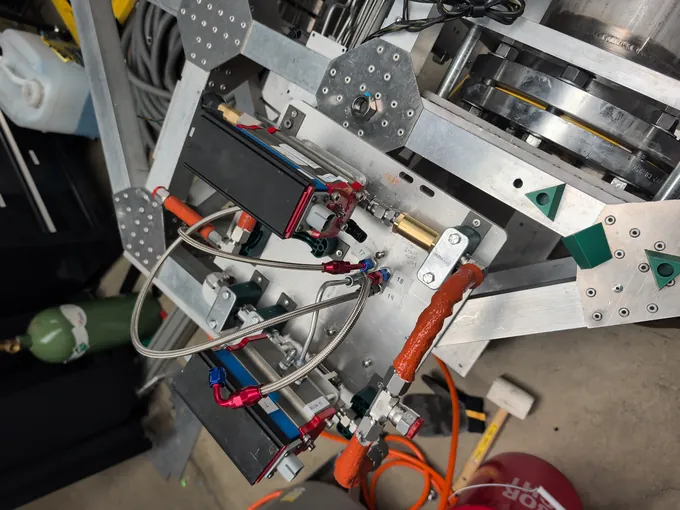 Close-up of the Monolith test-stand plumbing and fittings