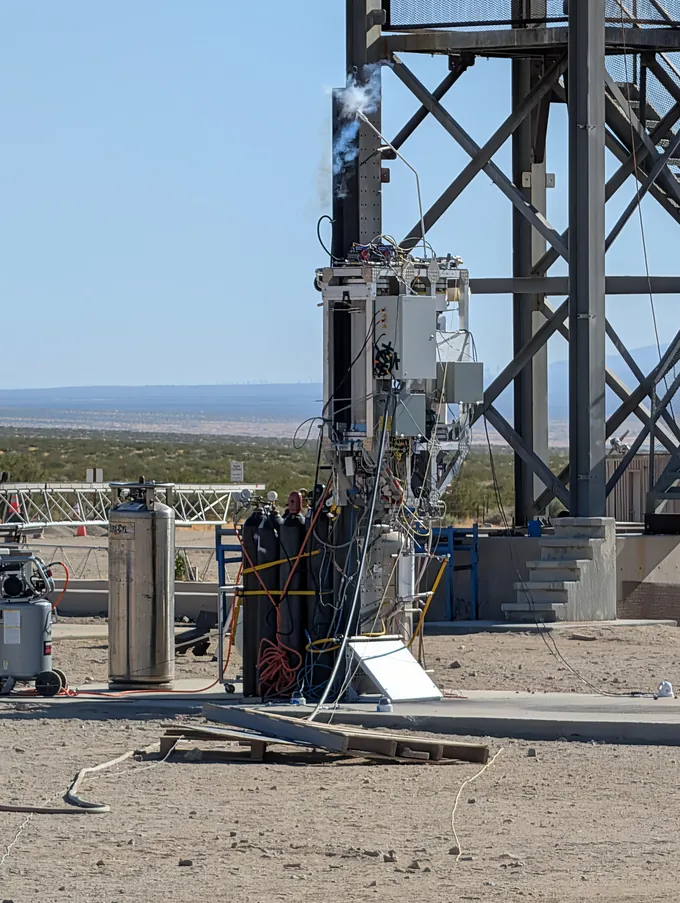 The Monolith test stand venting cryogenic propellant during LOX chilldown